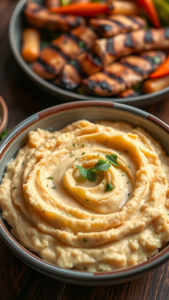 Creamy mashed yucca in a bowl, garnished with herbs, served with grilled chicken and vegetables.